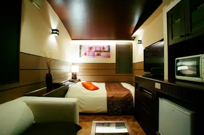 a hotel room with a bed and a tv at HOTEL CHECK INN BALI adult only in Tokyo