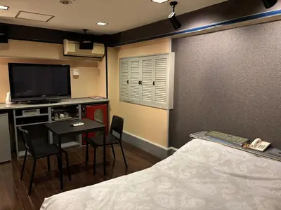 a room with a bed and a desk with a television at City Hotel Dolphin in Tokyo