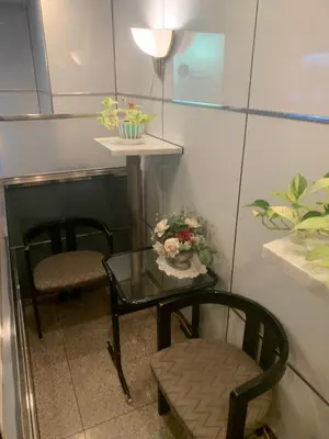 a room with two chairs and a table with flowers at City Hotel Dolphin in Tokyo