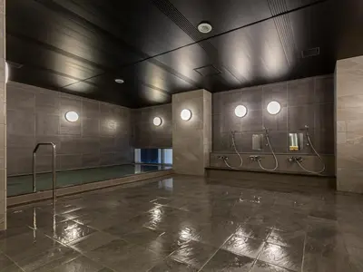 a bathroom with two sinks and a swimming pool at Akabane Holic Hotel in Tokyo