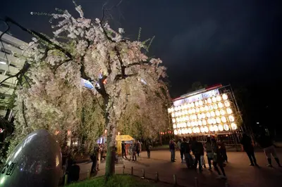 a christmas tree in front of a building at night at Centurion Hotel Ueno in Tokyo
