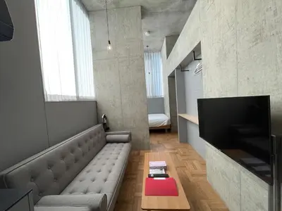 a living room with a couch and a tv at PRISM INN OGU in Tokyo