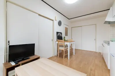 a living room with a tv and a table at LUANAHOTEL IN WASEDA in Tokyo