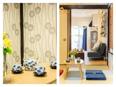 two pictures of a living room and a dining room at My Home in Tokyo - Vacation STAY 73238v in Tokyo