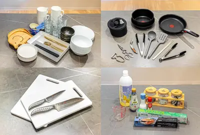 a collage of three pictures of kitchen utensils at 15 min Shinjuku ! Kitchen,Laundry! Perfect for a Long Stay I many facilities nearby I Shinjuku,Tokyo in Tokyo