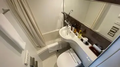 a bathroom with a sink and a toilet and a mirror at HOTEL LiVEMAX Kamata Ekimae in Tokyo