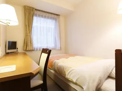 a hotel room with a desk and a bed and a table and chair at Hotel New Ueno in Tokyo