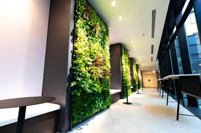 a row of vertical plants on the wall of a building at L stay & grow Minami Sunamachi in Tokyo