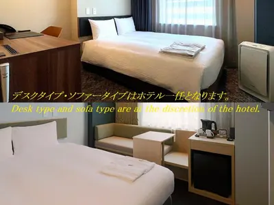 a hotel room with two beds and a desk and a tv at L stay & grow Minami Sunamachi in Tokyo