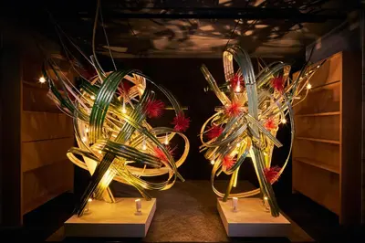 two glass sculptures on display in a room at OMO3 Tokyo Akasaka by Hoshino Resort in Tokyo