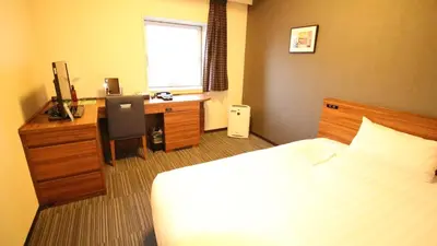 a hotel room with a bed and a desk and a bed and a deskicter at Via Inn Shinagawa Oimachi in Tokyo