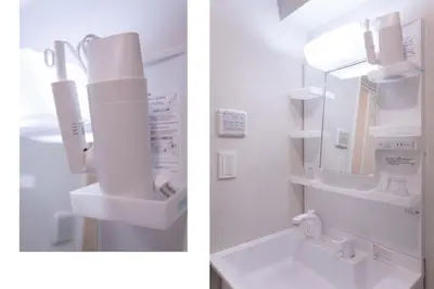 two pictures of a bathroom with a sink and a mirror at japan house sugamo in Tokyo