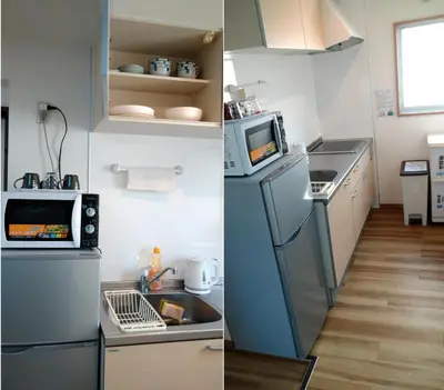 two pictures of a kitchen with a refrigerator and a microwave at Ichijuku Ryokan Kaminarimon - Vacation STAY 75803v in Tokyo