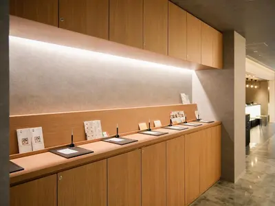 a lobby with a counter with signs on it at Super Hotel Premier Ikebukuro Natural Hot Spring in Tokyo