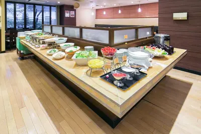 a buffet line with many different types of food at Pearl Hotel Kayabacho in Tokyo