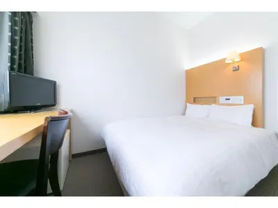 a hotel room with a bed and a desk with a television at Pearl Hotel Kayabacho in Tokyo