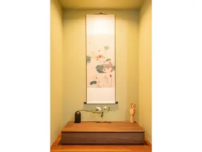 a room with a wooden altar with a picture on the wall at Japanese traditional house.Ryokan in asakusa with 2bedrooms in Tokyo