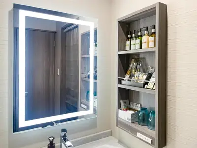 a bathroom with a mirror over a bathroom sink at Hotel DIAMOND in Tokyo