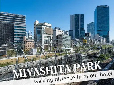 a view of a city with the words miyashica park walking distance from at Hotel DIAMOND in Tokyo