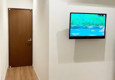 a flat screen tv on a wall next to a door at dandelion house in Tokyo