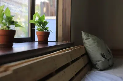 a window sill with two potted plants and a pillow at \u3077\u3075\u304b\u4e80\u6238 in Tokyo