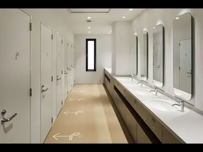 a bathroom with a row of sinks and mirrors at 9h nine hours Ningyocho in Tokyo