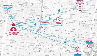 a map of the one subway line at LovesunshineBackpackers in Tokyo