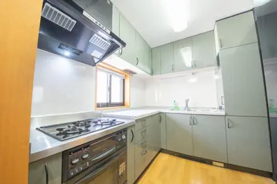 a kitchen with green cabinets and a stove top oven at NY Cottage\uff08\u30b3\u30c6\u30fc\u30b8\uff09 in Tokyo