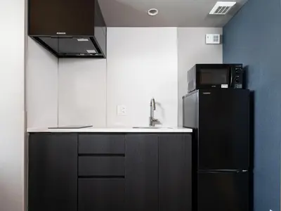 a kitchen with a black refrigerator and a microwave at MIMARU SUITES Tokyo Asakusa in Tokyo