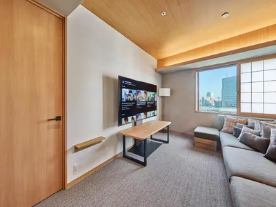 a living room with a couch and a tv at MIMARU SUITES Tokyo Asakusa in Tokyo
