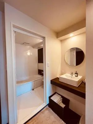 a bathroom with a sink and a tub and a mirror at AYA Hotel in Tokyo