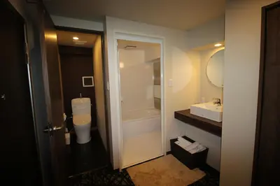 a bathroom with a toilet and a sink and a tub at AYA Hotel in Tokyo