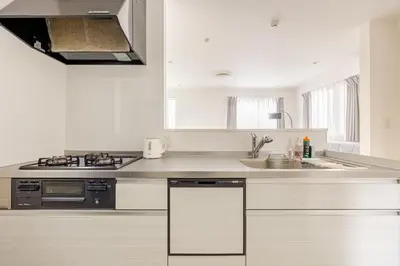 a white kitchen with a sink and a stove at Senjyu House in Tokyo