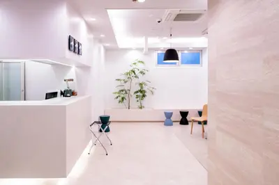 an office lobby with white walls and a plant at Asakusa YOSHII Designer Hotel in Tokyo