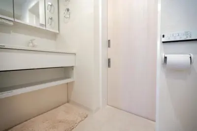 a bathroom with a white door and a toilet paper roll at Asakusa YOSHII Designer Hotel in Tokyo