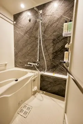 a small bathroom with a shower and a tub at Section L Hatchobori in Tokyo