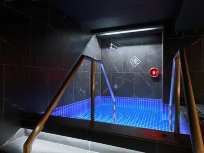a hot tub in a bathroom with black tiles at Rembrandt Cabin & Spa Shimbashi - Caters to Men in Tokyo