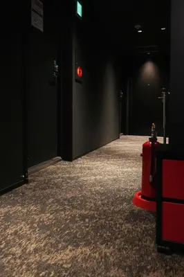 a black room with a red suitcase on the floor at Nplus HOTEL Higashikanda-akihabara in Tokyo
