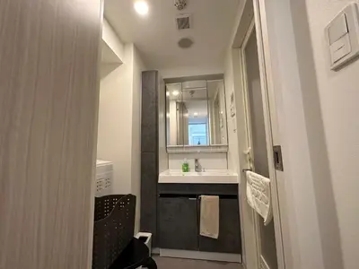 a small bathroom with a sink and a mirror at FLOWER TERRACE Higashi Shinjuku in Tokyo