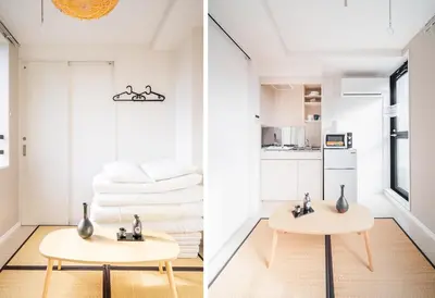 two views of a living room and kitchen with a table at Ustay Nippori in Tokyo