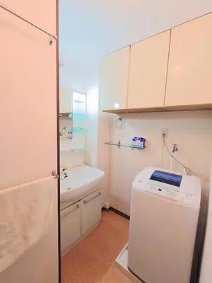 a small bathroom with a sink and a washing machine at kaneshiro guest house in Tokyo