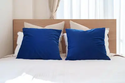 two blue pillows sitting on top of a bed at Space Roppongi in Tokyo