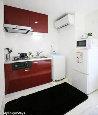 a small kitchen with a stove and a refrigerator at Easy Access to Skytree Studio Bell Flat Inn #4 in Tokyo