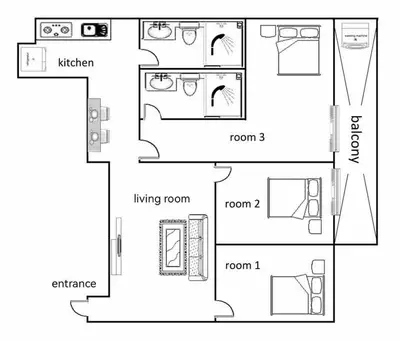 a black and white floor plan of a house at \u65b0\u5bbf\u5e02\u4e2d\u5fc3JR\u7ebf\u65b0\u5927\u4e45\u4fdd\u4e09\u5206\u949f\u7d27\u90bb\u97e9\u56fd\u8857\u514d\u8d39Wi-Fi in Tokyo