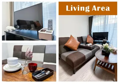 two pictures of a living room and a living area at nestay inn tokyo asakusa in Tokyo