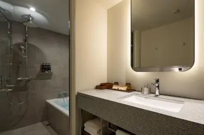 a bathroom with a sink and a mirror and a tub at HOTEL GROOVE SHINJUKU, A PARKROYAL Hotel in Tokyo