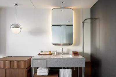 a bathroom with a sink and a mirror at HOTEL GROOVE SHINJUKU, A PARKROYAL Hotel in Tokyo