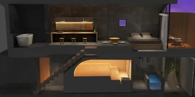 a rendering of a bathroom and a living room at Boutique Sauna ARCH in Tokyo