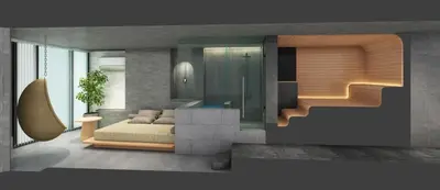 a rendering of a bedroom with a bed and a staircase at Boutique Sauna ARCH in Tokyo