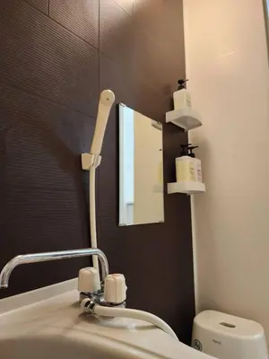 a bathroom with a sink and a mirror and a toilet at PRISM Inn Komagata Asakusa in Tokyo